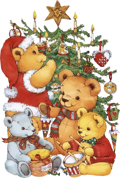 ours qui décorent le sapin de Noël en famille