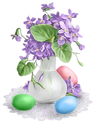 violettes dans un vase et des oeufs