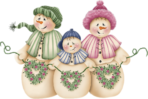 famille de bonhommes de neige avec des coeurs fleuris