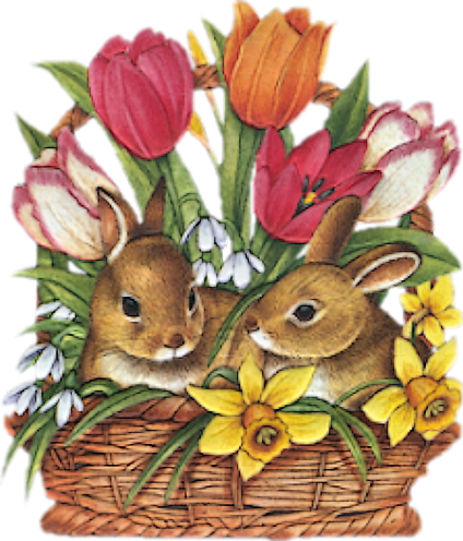 lapins dans un panier de tulipes et de jonquilles