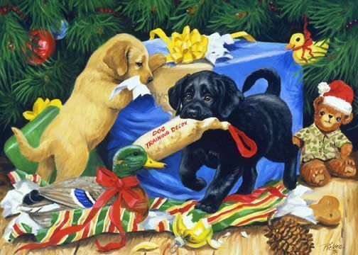 Labradors qui ouvrent les cadeaux de Noël