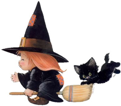 petite sorcière sur son balai avec son chat 33