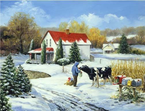 Agriculteur avec une vache dans sa ferme en hiver