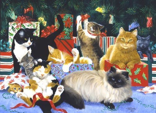 Chats et chatons sous le sapin avec les cadeaux