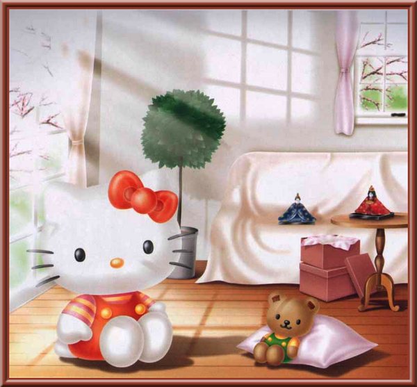 Hello Kitty dans le salon avec son ours