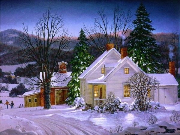 paysage en hiver avec une maison éclairée