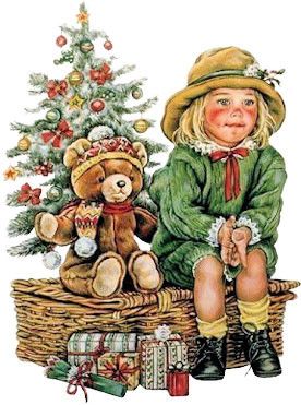 enfant avec son ours assis sur un coffre avec des cadeaux