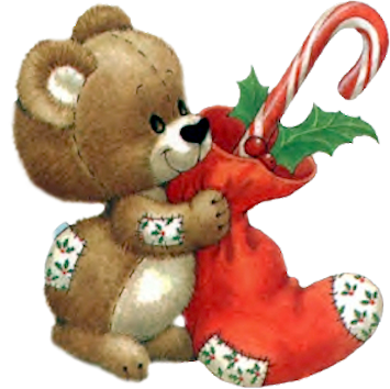 ours avec une chaussette de Noël et un sucre d'orge